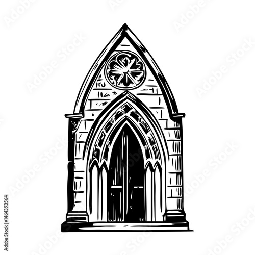 A vintage style illustration showing a church entrance