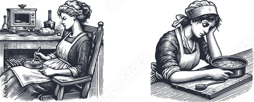 Set Engraving Designs Featuring a Housewife Resting After Cooking – Relaxed Woman in Apron, Kitchen Scene Art, Vintage Style Home Decor, Domestic Life Laser Cut Vector Collection
