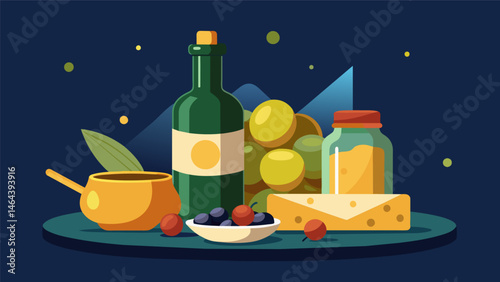 A jar of olives and pickles accompanied by a cheese board and a bottle of wine ready for a cozy evening in.. Vector illustration