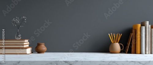 A minimalist desk with books, pencils, a vase, and a small pot on a marble surface against a dark wall.