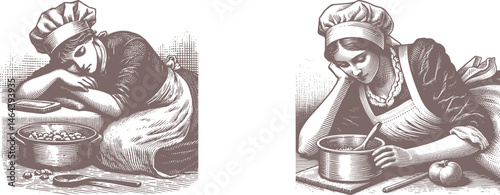brown Engraving Designs Featuring a Tired Housewife Resting After Cooking – Relaxed Woman in Apron, Domestic Life Art, Vintage Kitchen Scene, Homemaker Break Illustration for Decor & Gifts
