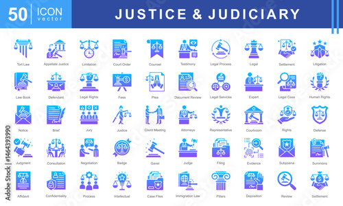 Justice & Judiciary icon set featuring icons for court proceedings, legal rights, litigation, and legal documentation. Perfect for law firms, legal education, and justice-related applications.