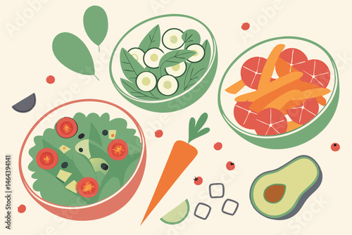 77 Colorful salad bowls, vibrant fresh vegetables, healthy food illustration, cartoon style, top-down view, variety of ingredients, crisp greens, juicy tomatoes, crunchy carrots, assorted fruits, nutr