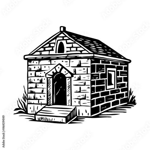 An illustration of a stone chapel designed in vintage style