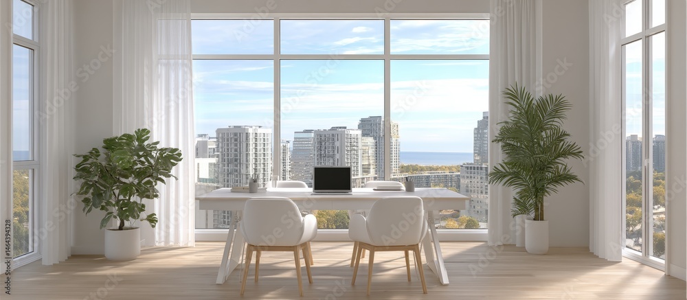 Minimalist home office with large windows, cityscape view, white furniture, natural light, and indoor plants.