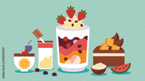 A createyourown parfait station with layers of fruit yogurt granola and toppings such as honey and chocolate shavings.. Vector illustration