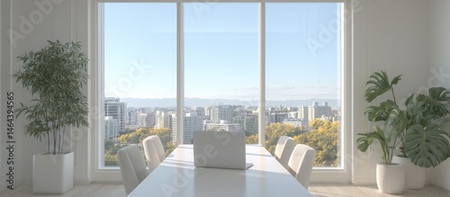 A modern office meeting room with a laptop, large windows, city skyline view, and green plants.