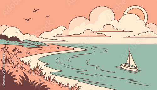 oil painting of a serene coastal sunrise with soft, feathery pastel pink and orange hues gradating across the sky, calm turquoise ocean waves gently lapping at the shoreline, and a tiny, white-sailed 