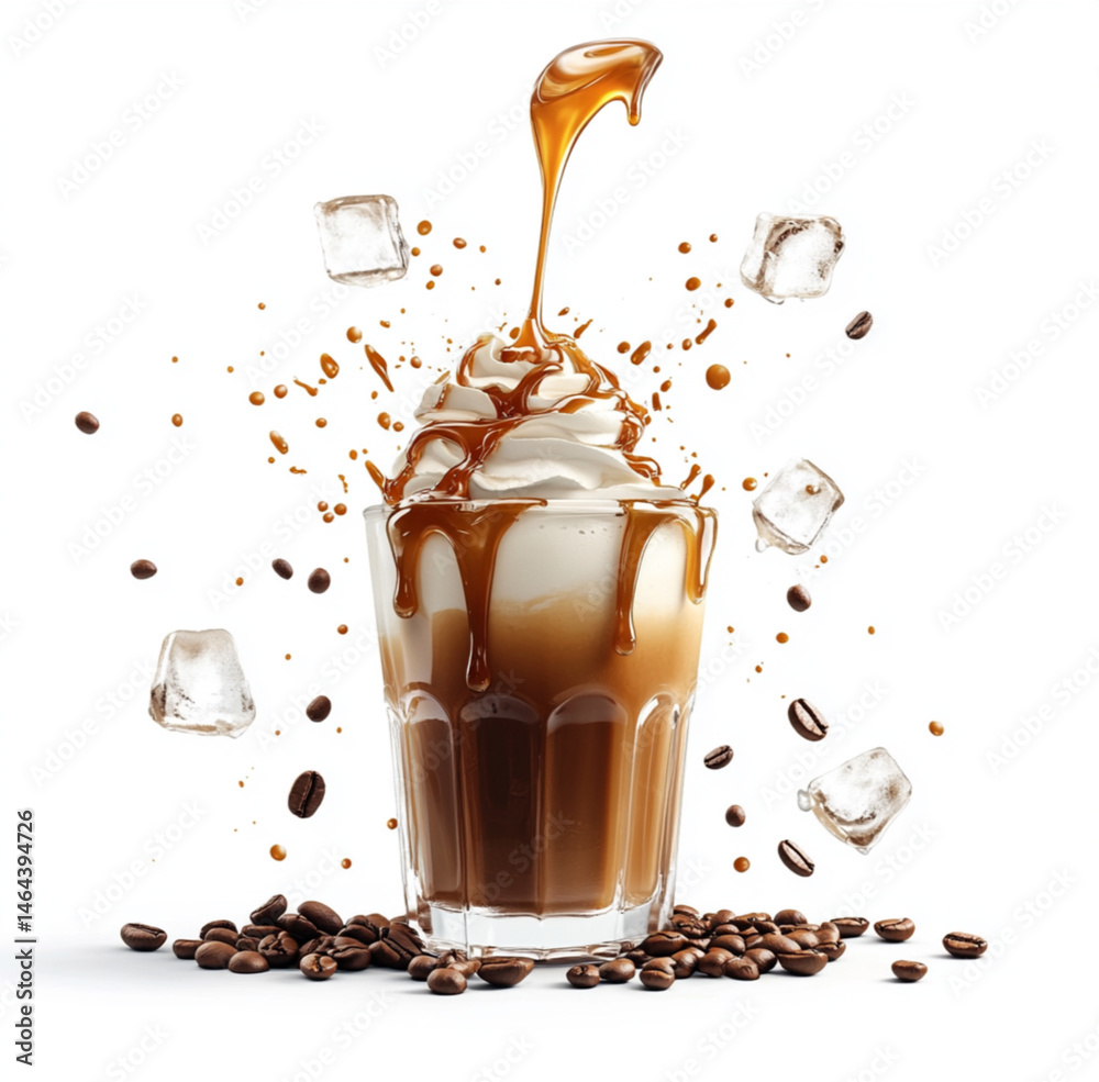 caramel iced coffee in a transparent glass cup, topped with whipped cream and dripping caramel sauce,flying ice cubes and splashing coffee,espresso being poured,isolated on white background