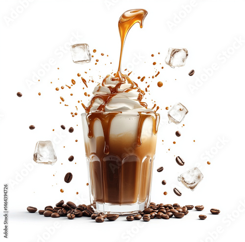 Obraz na płótnie caramel iced coffee in a transparent glass cup, topped with whipped cream and dripping caramel sauce,flying ice cubes and splashing coffee,espresso being poured,isolated on white background w salonie