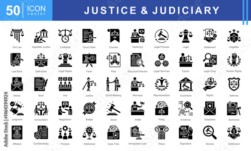 Justice & Judiciary icon set featuring icons for court proceedings, legal rights, litigation, and legal documentation. Perfect for law firms, legal education, and justice-related applications.