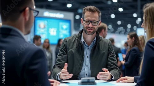 Smiling Entrepreneur Giving Product Demo at Trade Show Booth with Engaged Attendees

