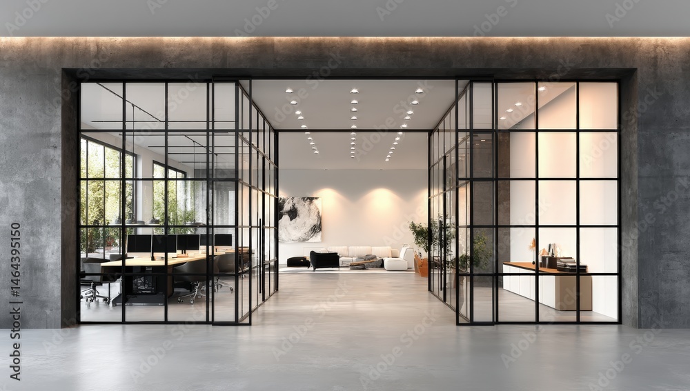 Modern open office space with glass walls, minimalistic furniture, and natural lighting.