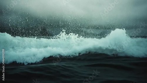 Dark and moody video footage of a stormy sea with large waves crashing under a dark cloudy sky. Mountains are visible in the distance. The overall color palette is dark teal and grey