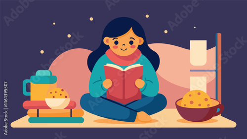 A girl curls up in a reading nook balancing a mug of hot cocoa and a plate of freshly baked cookies while studying for her final exam.. Vector illustration