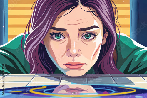 Close-up portrait of a woman with a sad expression, capturing feelings of sorrow, reflection, or emotional struggle. Ideal for mental health, empathy, and human emotion vector