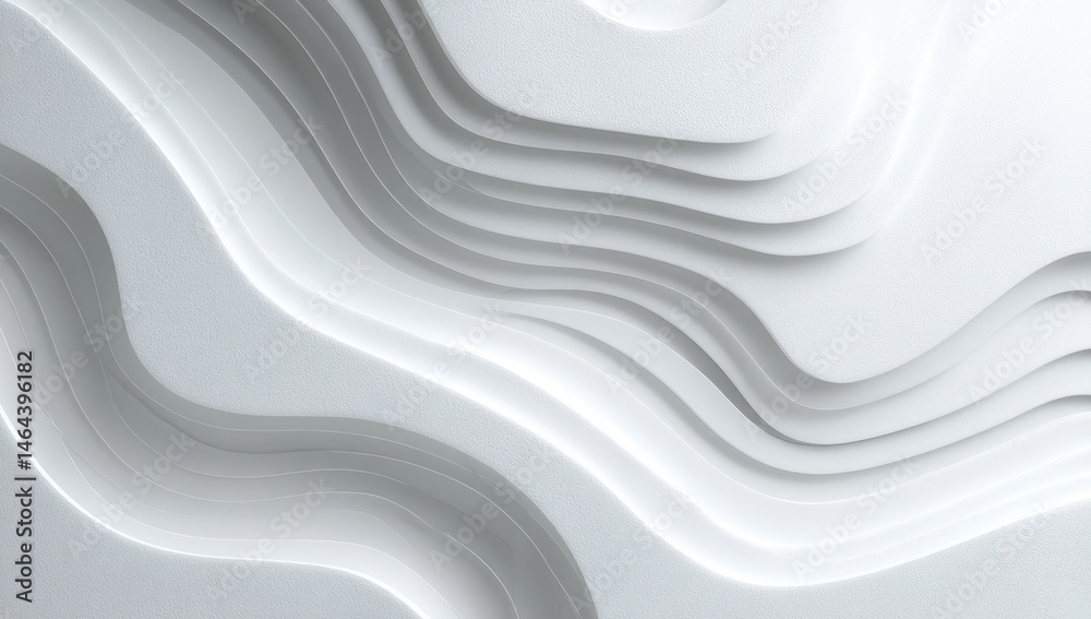 Abstract layered white waves create a smooth, flowing 3D pattern with gentle curves and depth.