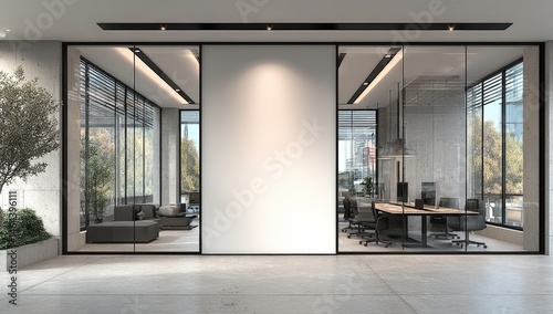Modern office interior with glass walls, meeting area, and natural light, featuring minimalist design and workspaces.