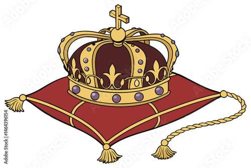 78 Royal crown, ornate golden jewels, red velvet pillow, tassels, regal, opulent, ceremonial, detailed, realistic rendering, rich colors, symmetrical composition, jewel-encrusted, monarchical symbol, 