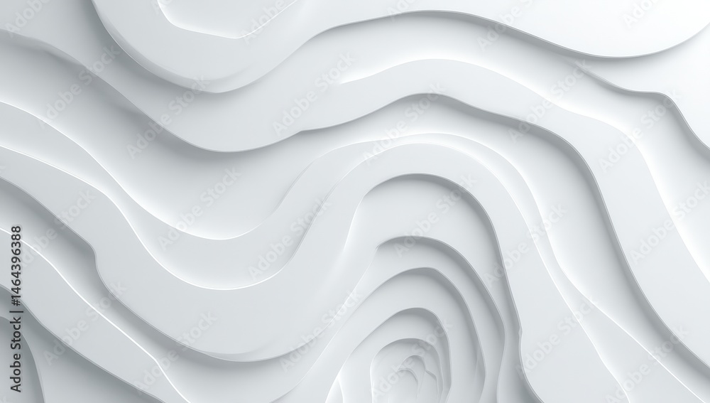 Abstract layered white paper shapes create a flowing, topographic pattern with soft shadows and curved lines.