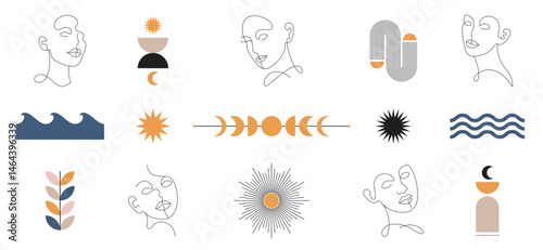 retro mid century modern clipart set, boho vector illustration, abstract minimalist design with geometric shapes, boho elements and line art faces, simple woman portrait, sun, moon, sea waves	