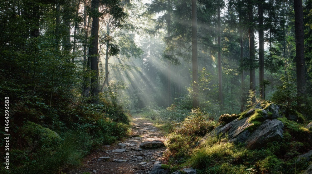 Obraz premium Forest path with morning mist and sun rays
