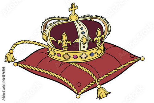 78 Royal crown, ornate golden jewels, red velvet pillow, tassels, regal, opulent, ceremonial, detailed, realistic rendering, rich colors, symmetrical composition, jewel-encrusted, monarchical symbol, 