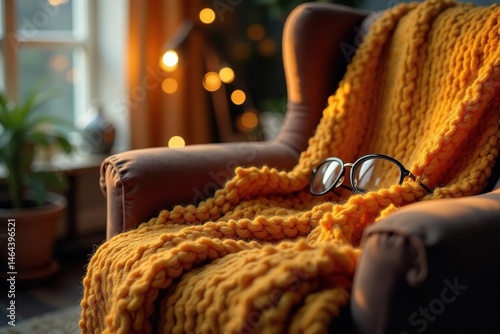 Warm knitted blanket, cozy armchair, spectacles, cozy, knitting, old
