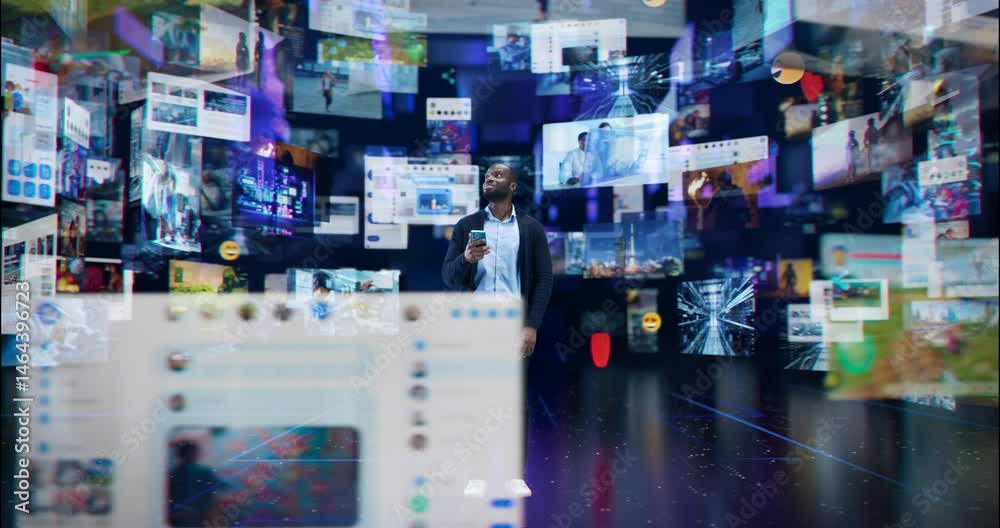 Black Male Taps on a Smartphone to Explore a Digital World, Interacting with Social Media Visuals on Mobile Device, Surrounded by Floating Screens and Digital Content. Futuristic Cyber Experience