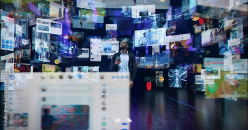 Black Male Taps on a Smartphone to Explore a Digital World, Interacting with Social Media Visuals on Mobile Device, Surrounded by Floating Screens and Digital Content. Futuristic Cyber Experience