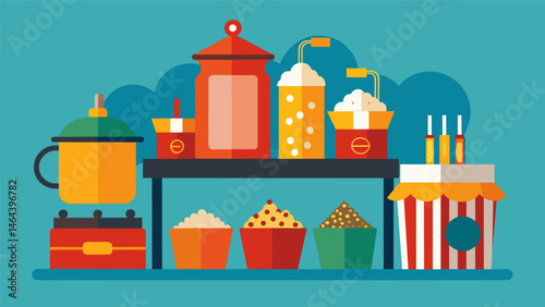 A DIY popcorn bar complete with different seasoning options making it easy for coworkers to create their own unique snack.. Vector illustration
