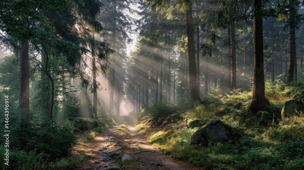Fototapeta premium Forest path with morning mist and sun rays 