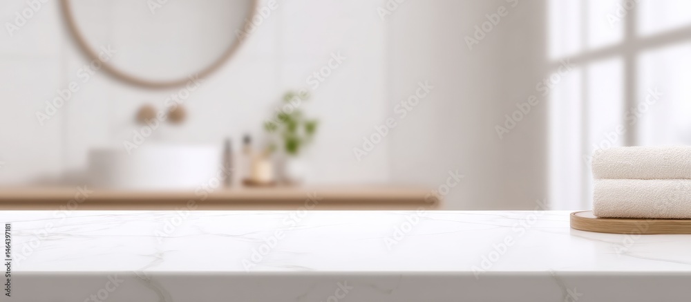 Minimalist bathroom with marble countertop, folded towels, round mirror, and soft natural light.