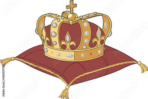 78 Royal crown, ornate golden jewels, red velvet pillow, tassels, regal, opulent, ceremonial, detailed, realistic rendering, rich colors, symmetrical composition, jewel-encrusted, monarchical symbol, 