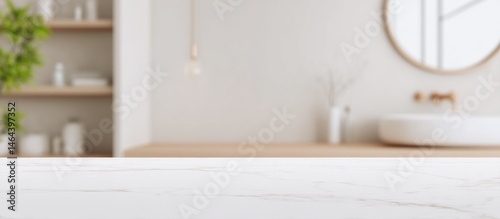 Obraz na płótnie Minimalist bathroom with a white countertop, round mirror, wooden shelves, and soft natural lighting. w salonie