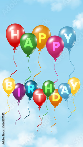 colorful balloons with the letters of Happy Birthday on them in the blue sky