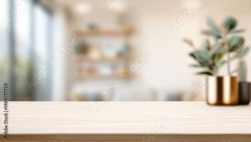 Obraz na płótnie Light wooden tabletop with blurred modern interior and potted plant in the background, creating a cozy and minimalistic atmosphere. w salonie