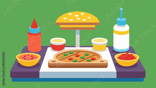 A makeyourown pizza bite station with mini pizza crusts sauces and a variety of toppings to choose from.. Vector illustration