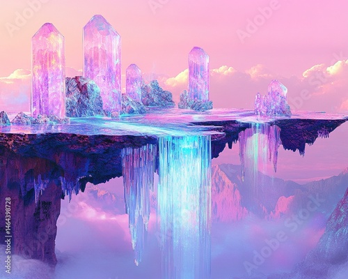 A dreamlike fantasy landscape of surreal floating islands, inverted waterfalls and glowing pastel crystal formations. A mysterious and magical landscape with vibrant colors and imaginative topography.