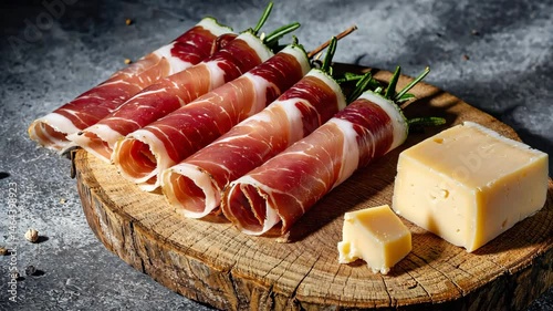 Thin slices of prosciutto rolled with herbs and served beside a block of aged cheese on a rustic wooden board, set against a stone-textured background.