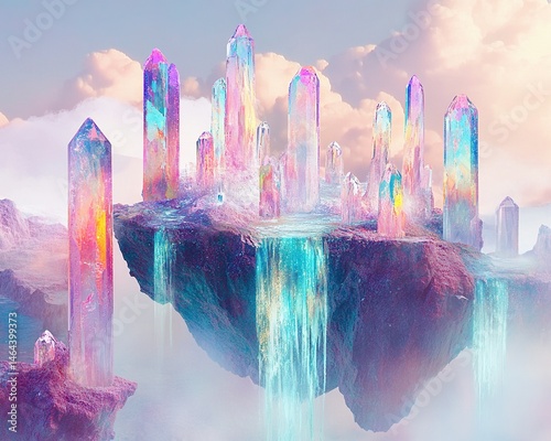 A dreamlike fantasy landscape of surreal floating islands, inverted waterfalls and glowing pastel crystal formations. A mysterious and magical landscape with vibrant colors and imaginative topography.