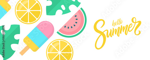 Hello Summer banner. Summertime background with hand lettering and watermelon, ice cream, monstera leaf, lemon for Summer season creative graphic design. Vector illustration.
