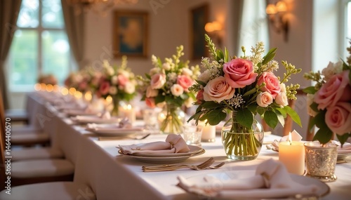 Elegant floral arrangements adorn wedding reception tables , gold, floraldesign, vintage photo