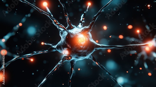The image showcases a close-up view of a glowing neuron, highlighting its complex structure with electrifying connections that signify neural activity and communication.