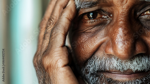 Close-up portrait of a mature man with deep-set eyes and a contemplative expression, hand gently resting on his forehead, hinting at a moment of reflection. photo