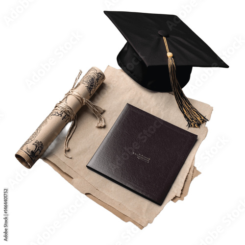 Graduation Essentials: Academic cap, diploma, and bound book arranged on aged parchment sheets, embodying academic achievement and higher learning. 