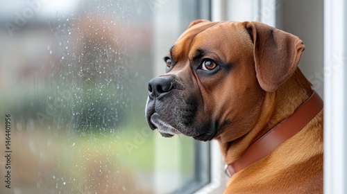 A contemplative boxer dog gazes out of a window with raindrops on the glass, reflecting a sense of longing and introspection amidst dreary weather.