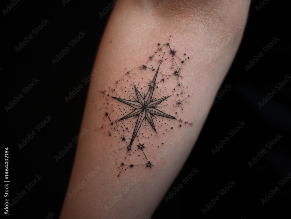 Obraz premium Intricate celestial tattoo design on a forearm.