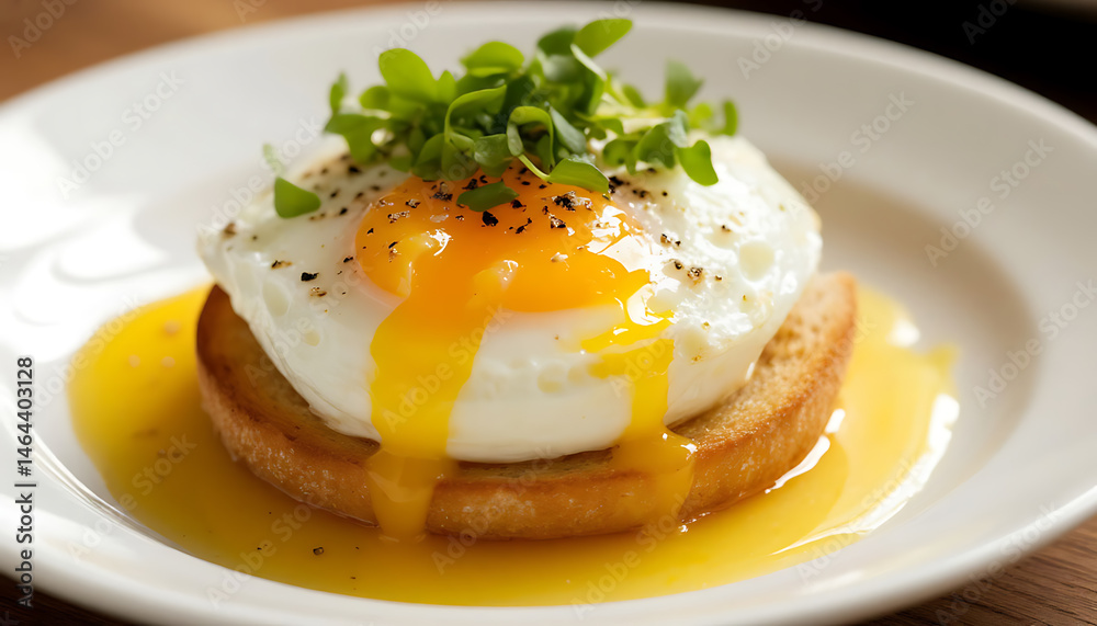 Fototapeta premium Perfectly poached egg with runny golden yolk sits atop slice of toasted artisan bread, surrounded by fresh leafy greens. Beautifully plated dish combines simplicity and elegance