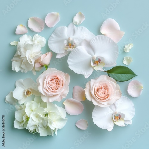 Wallpaper Mural Elegant Arrangement of White and Pink Flowers with Petals on Soft Blue Background for Creative and Decorative Design Projects Torontodigital.ca